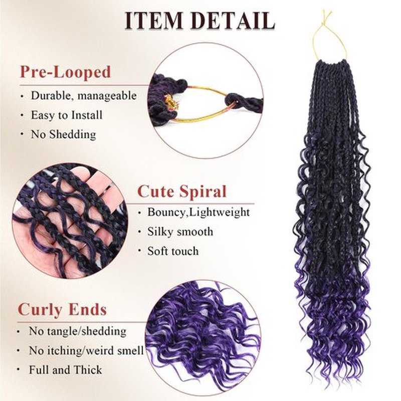 Boho Box Braids Crochet Hair 8 Packs Boho Crochet Braids Pre Looped 1B/Purple Goddess Box Braids Crochet Hair for Black Women 24 Inch Boho Braids Crochet Hair Extension