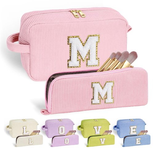 YOOLIFE Makeup Bag Personalized Gifts - Initial Pink Travel Makeup Bag Make Up Bag Teen Girls Gifts Year Old Girl Birthday Gift Friend Birthday Bridesmaid Wedding Gifts for Women Her Girls Pink M