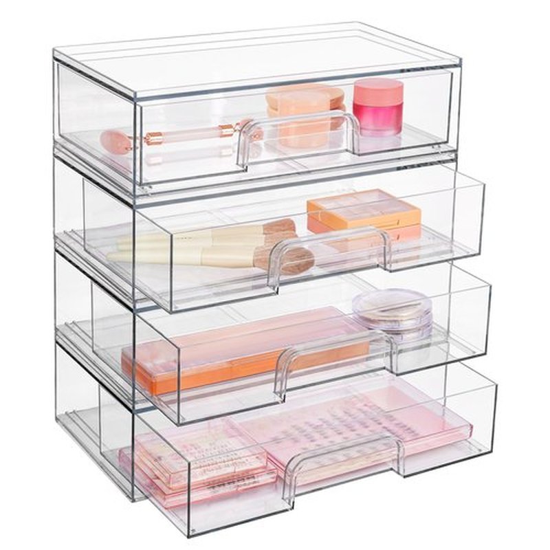 Vtopmart 12.1''W Clear Stackable Storage Drawers,4 Pack Acrylic Plastic Organizers Bins for Makeup Palettes, Cosmetics, and Beauty Supplies,Ideal for Vanity, Bathroom,Cabinet,Desk Organization