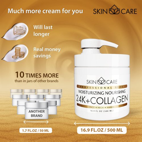 Skin Care 24K Gold & Collagen 3-in-1 Moisturizer Face Cream, Neck and Hands - Treatment for Crepey Skin, Wrinkles and Sagging - Daily Lotion for All Skin Types - 16.9 fl. oz.
