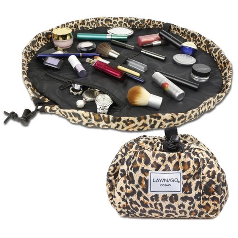 Lay-n-Go Cosmo Drawstring Cosmetic & Makeup Bag Organizer - Portable Drawstring Makeup Bag w/Zipper Pocket, Makeup Loops & More - Durable, Machine Washable Makeup Bag for Travel (20”, Leopard)