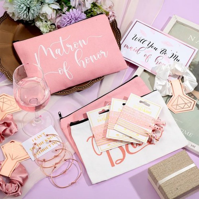 63 Pcs Bridesmaid Proposal Gifts Bulk Maid of Honor Gifts Matron of Honor Gifts Brides Bridesmaid Cosmetic Makeup Bag Hair Knotted Bracelets Invitation Cards for Wedding Bachelorette (Dreaming Style)