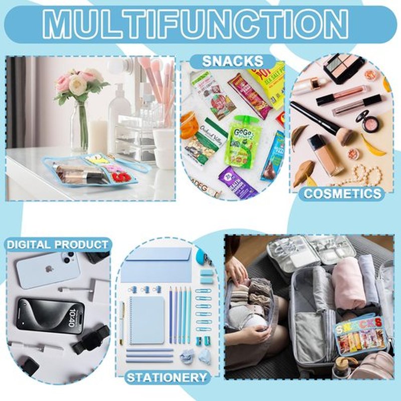 Snack Bag for Travel - Clear Chenille Varsity Letter Flat Pouch with Zipper, Waterproof Clear PVC&PU Preppy Patch Makeup Cosmetic tote Bags for Women Girls (Blue-Snacks)