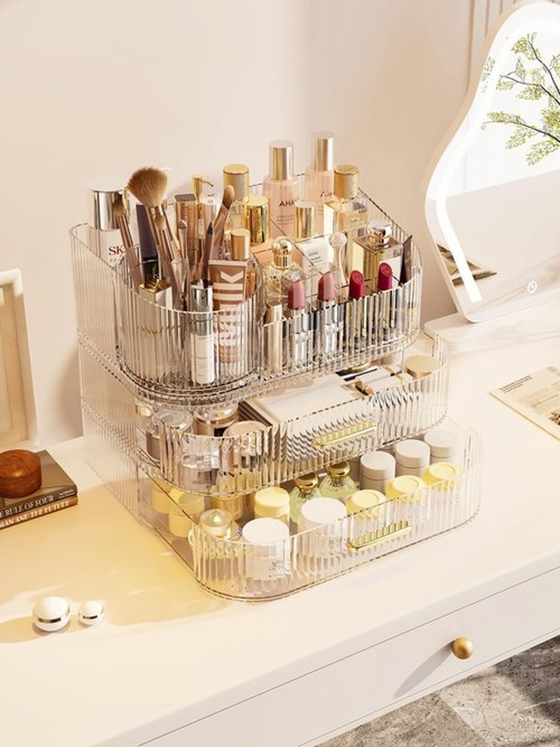 MIUOPUR Makeup Organizer with Rotating Makeup Brush Holder, Stackable Drawers for Bathroom Organizers and Storage, Make up Organizers for Vanity, Great for Cosmetics, skincare, Lipsticks -Clear