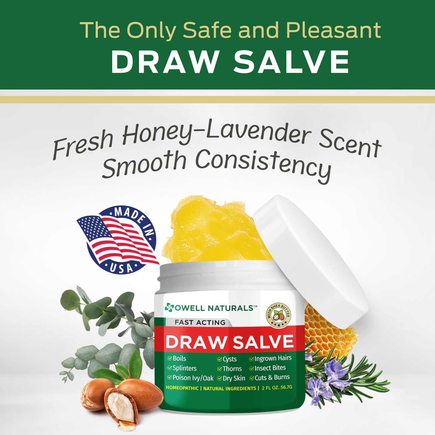 Owell Naturals Drawing Salve Ointment with Pure Shea Butter, for ingrown Hair, Boil, Splinter Remover, Bug Spider Bites, Bee Sting, Mosquito Itch, Poison Ivy, Burns & Cuts, 2oz