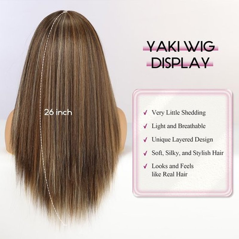 EMMOR Long Straight Yaki Wigs for Women with Bangs Comfortable Elastic Band 26 Inch Heat-resistant Synthetic Fibers(Mixed Brown)
