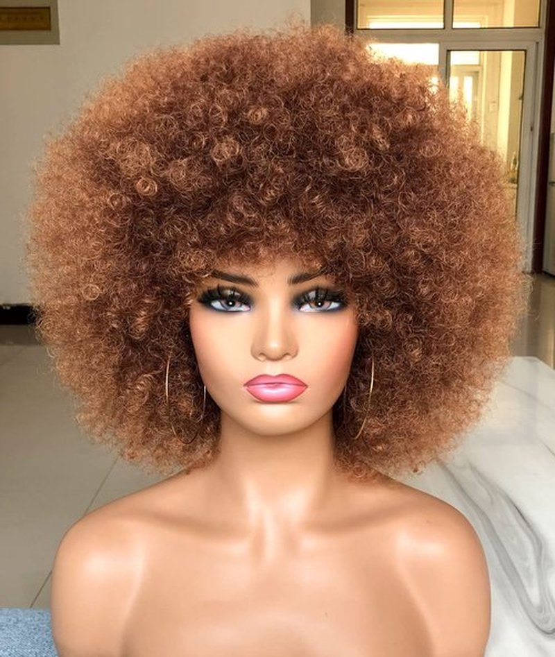 HIHOO Short Afro Wig with Bangs for Black Women Afro Kinky Curly Wig 70s Premium Synthetic Big Afro Wig(Brown)
