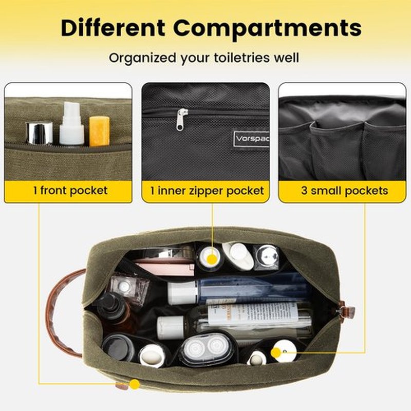 Vorspack Toiletry Bag Hanging Dopp Kit for Men Water Resistant Canvas Shaving Bag with Large Capacity for Travel - Green