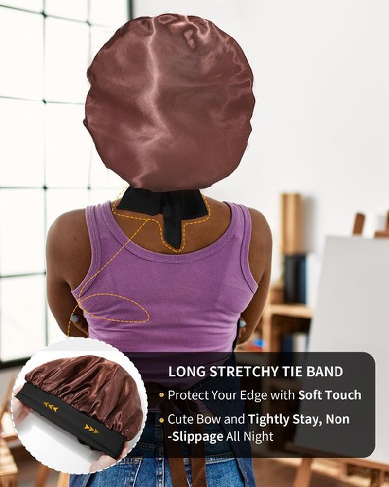 Satin Bonnet for Women Silk Bonnets for Sleeping Curly Hair Bonnet with Elastic Tie Band Reversible Double Layer Sleep Cap Hair Wrap (Black +Brown)