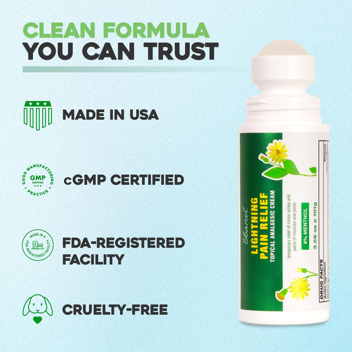 Ebanel Menthol Arnica Gel Pain Relief Cream Roll On with Camphor, Hemp Oil