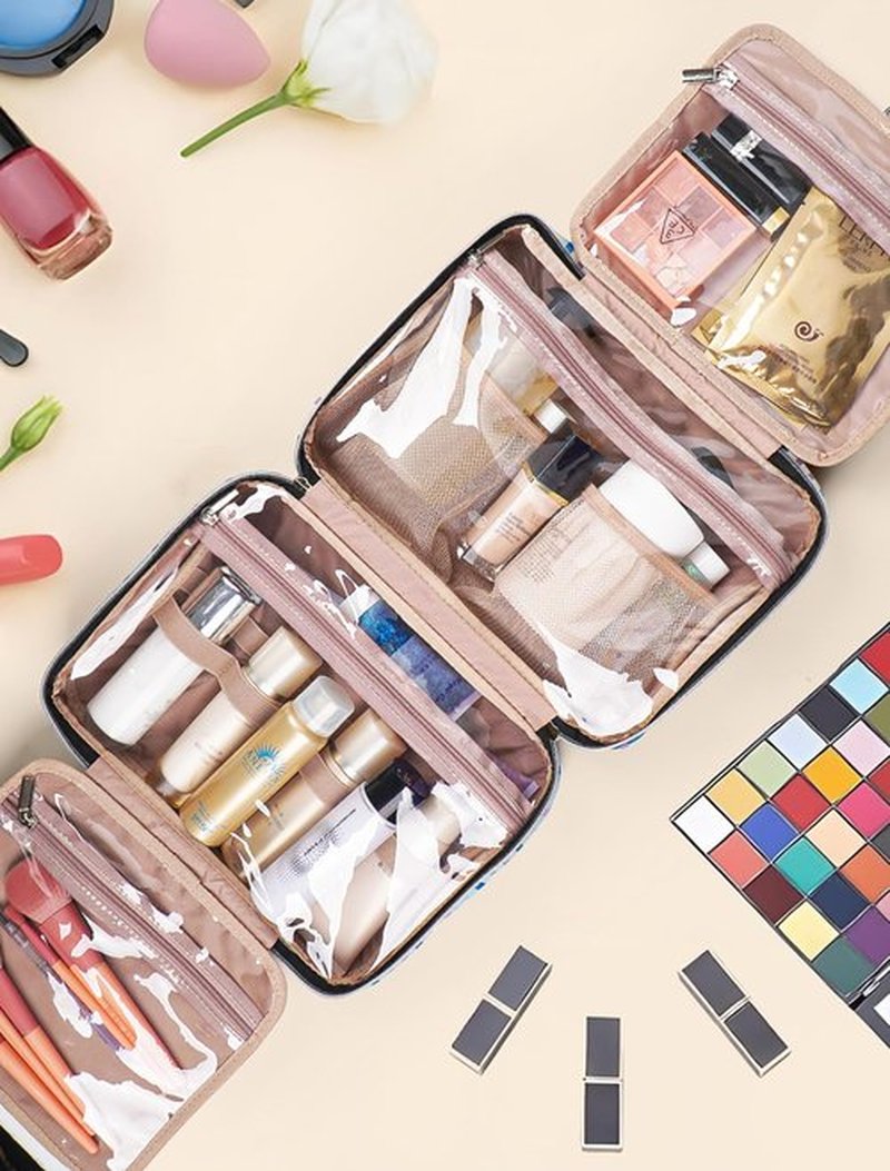 BALULHG Toiletry Bag Travel with Hanging Hook, Water-resistant Cosmetic Makeup Bag Organizer for Shampoo, Full Sized Container, Toiletries，Plaid-blue-L