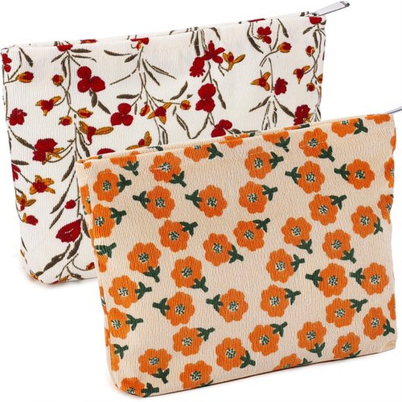 ZLFSRQ 2Pcs Daisy Flower Makeup Bag Travel Cute Cosmetic Bags for Women Large Floral Makeup Pouch Zipper Cosmetic Pouch Set for Purse Aesthetic Corduroy Makeup Organizer Bag Portable Toiletry Bag