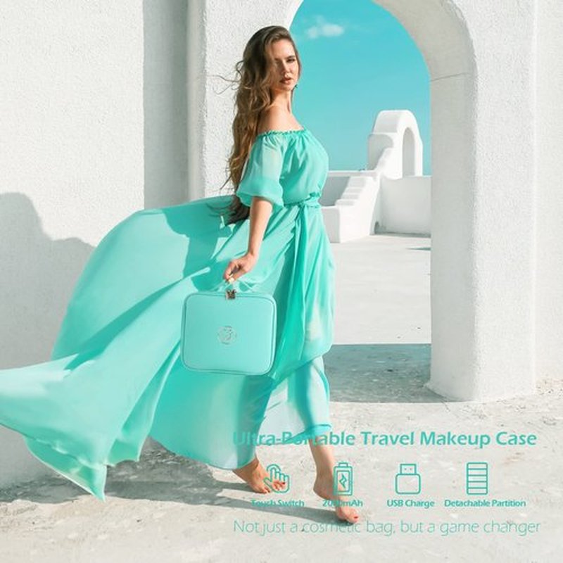 MOMIRA Makeup Bag with Mirror and Light Travel Makeup Train Case Cosmetic Bag Organizer Portable Artist Storage Bag with Adjustable Dividers Makeup Brushes Storage Organizer Aqua Blue