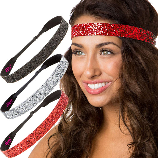 Hipsy Women's Adjustable NON SLIP Wide Bling Glitter Headband Hair Band Pack (Black/Silver/Red 3pk)