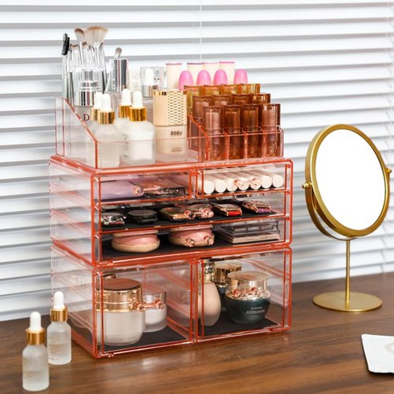 Cq acrylic Dorm Makeup Organizer With 6 Drawers,Stackable Plastic Makeup Organizer,Pink Drawer Storage Organizer Perfume for Dresser Vanity Tray, Large Baby Drawer Organizer for Nursery,3 Pack