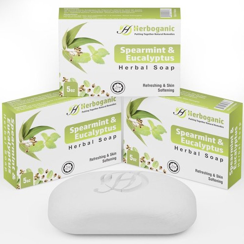 HERBOGANIC Spearmint and Eucalyptus Herbal Soap | Pack of 3 of 5oz soap Bar | Natural Bar Soap for Face and Body | Hydrating and Nourishing | Suitable for Men and Women