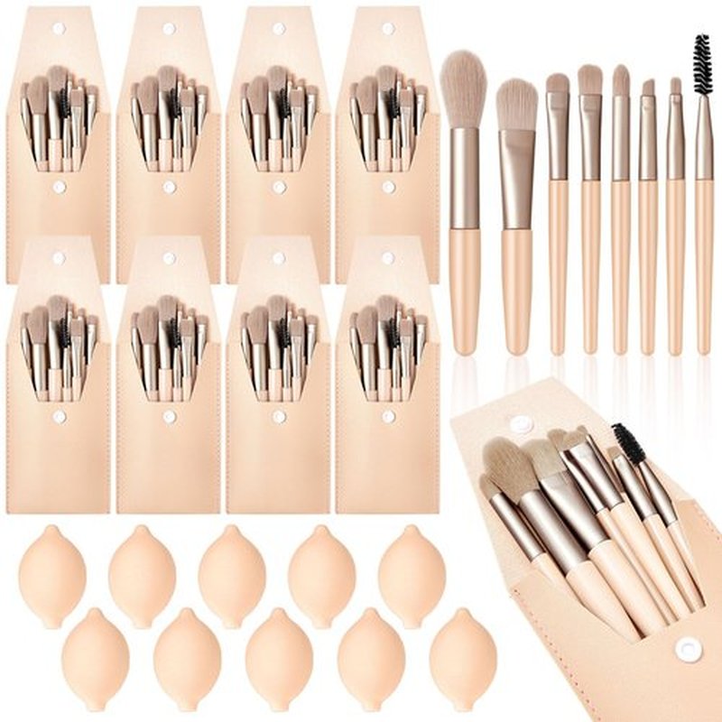 SiliFine 20 Pcs Travel Makeup Brush Set, 10 Pcs Mini Travel Make up Brush Set with Bag, 10 Pcs Makeup Sponge Princess Party Favor Set for Women Girl Home Travel Business Party Souvenirs (Nude)