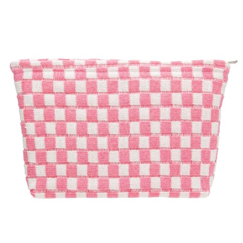 PAZIMIIK Knitted Checkered Makeup Bag Large Zipper Make Up Accessory Pouch for Purse Cosmetic Brush Bag for Travel Essential Pink White