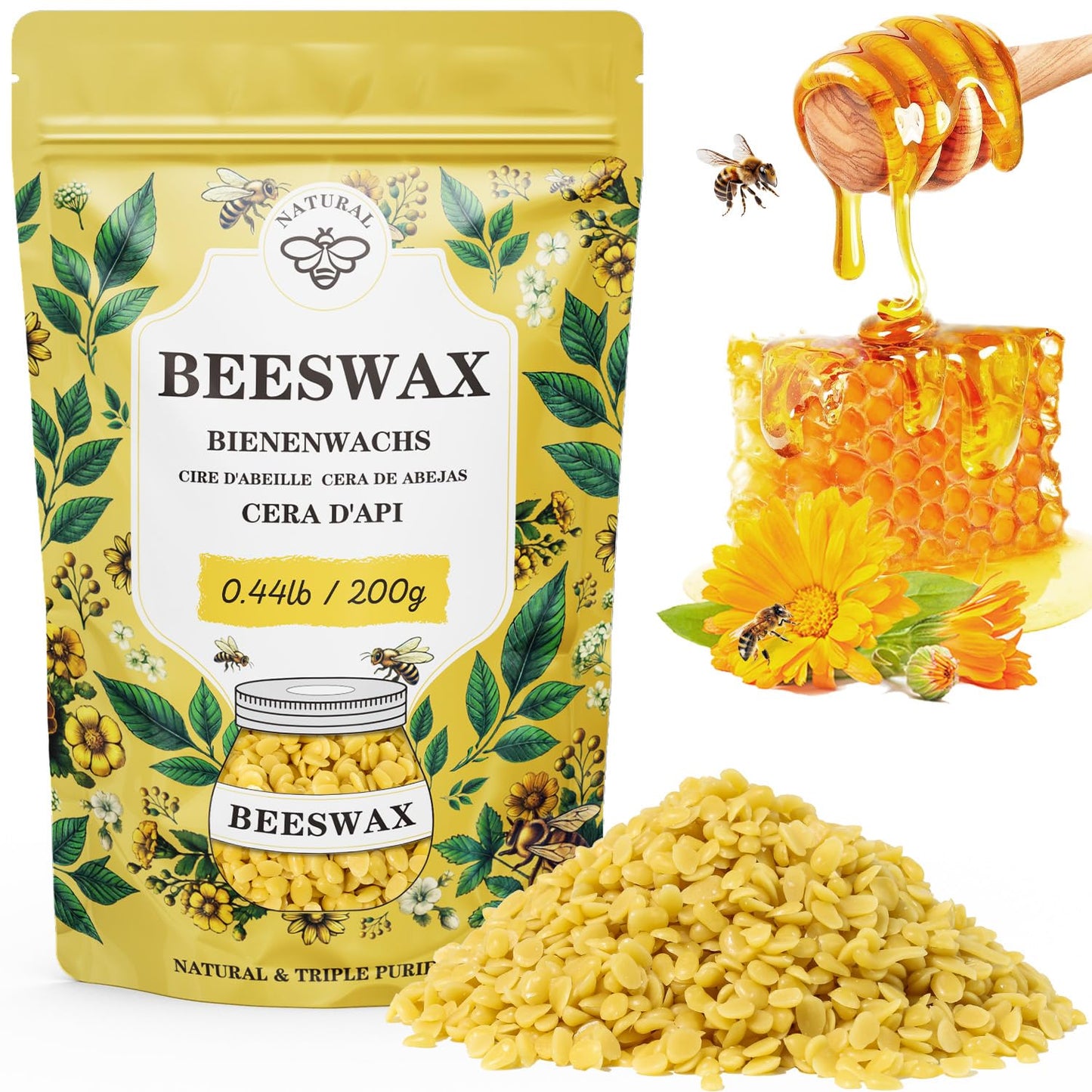 Beeswax pellets 200G/5LB/10LB/20LB, VEGISHINE Pure and Natural Yellow Beeswax for DIY Skin Care, Lip Balm, Polishing, Lotion, Soap, Candle Making Supplies