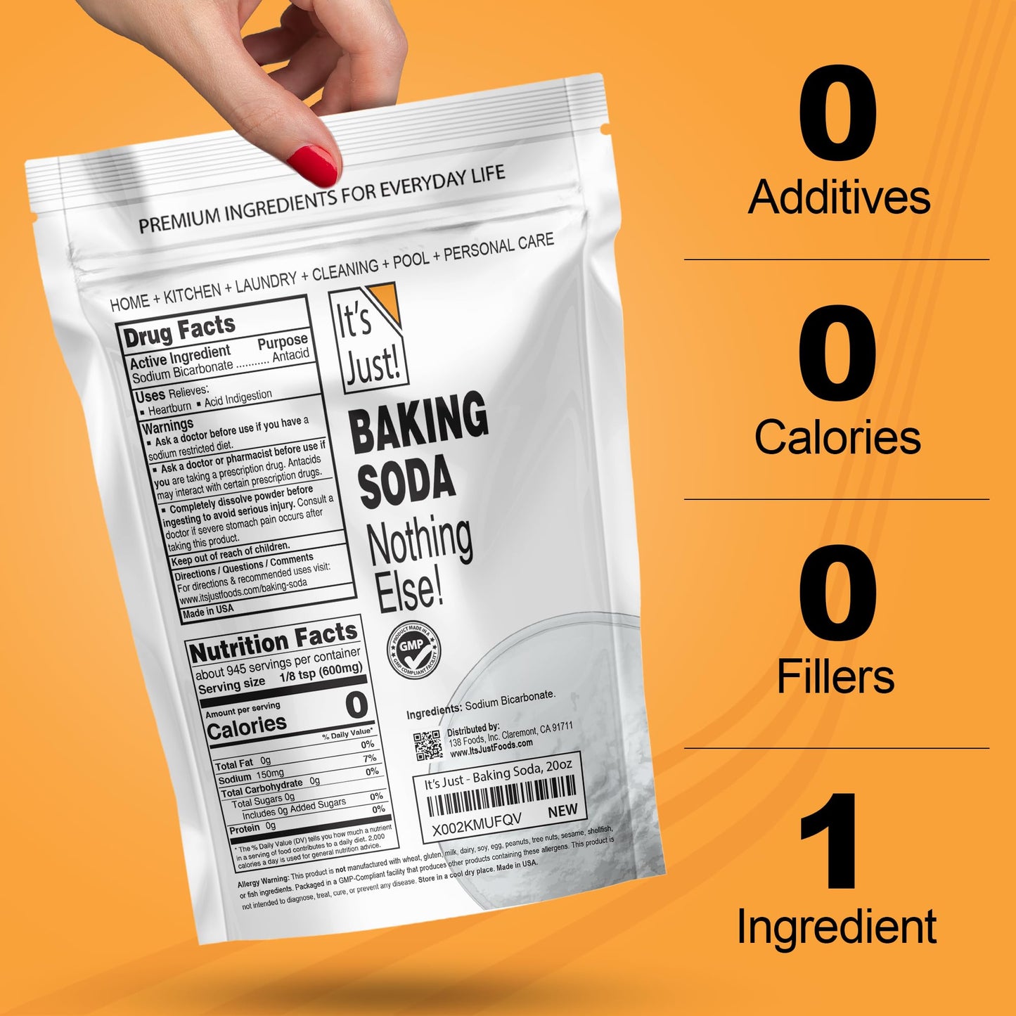 It's Just - Baking Soda, 100% Pure Sodium Bicarbonate, Food Grade, Non-GMO, Made in USA, Cooking, Baking (1.25 Pound)