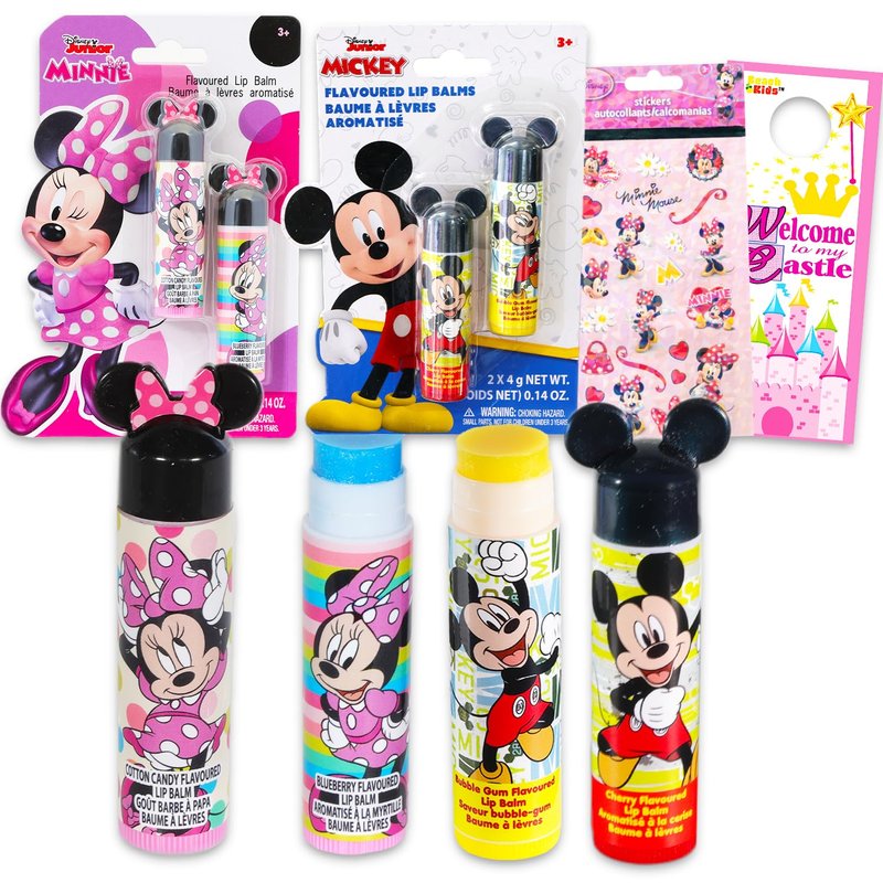 Mickey & Minnie Mouse Lip Balm Set - 4 Assorted Flavors with Stickers | Perfect Party Favors for Kids