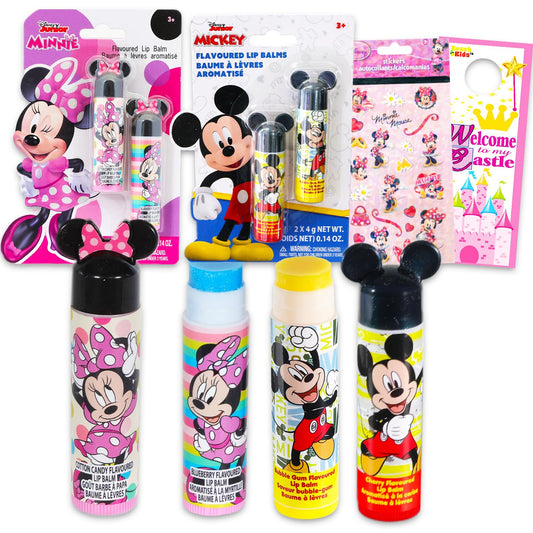 Mickey & Minnie Mouse Lip Balm Set - 4 Assorted Flavors with Stickers | Perfect Party Favors for Kids