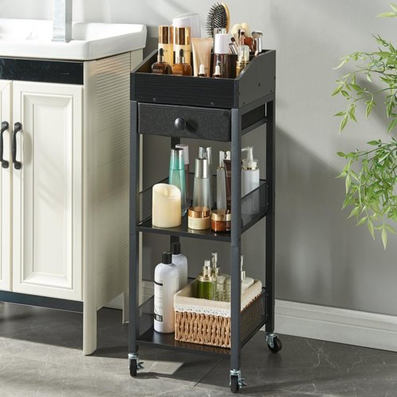HUSHEDIFY Makeup Organizer Cart,3 Tier Floor Make up Storage Stand with Drawer, Free Standing Skincare Cosmetic Display Holder with Wheels for Vanity Bedroom Dresser Bathroom(Black)
