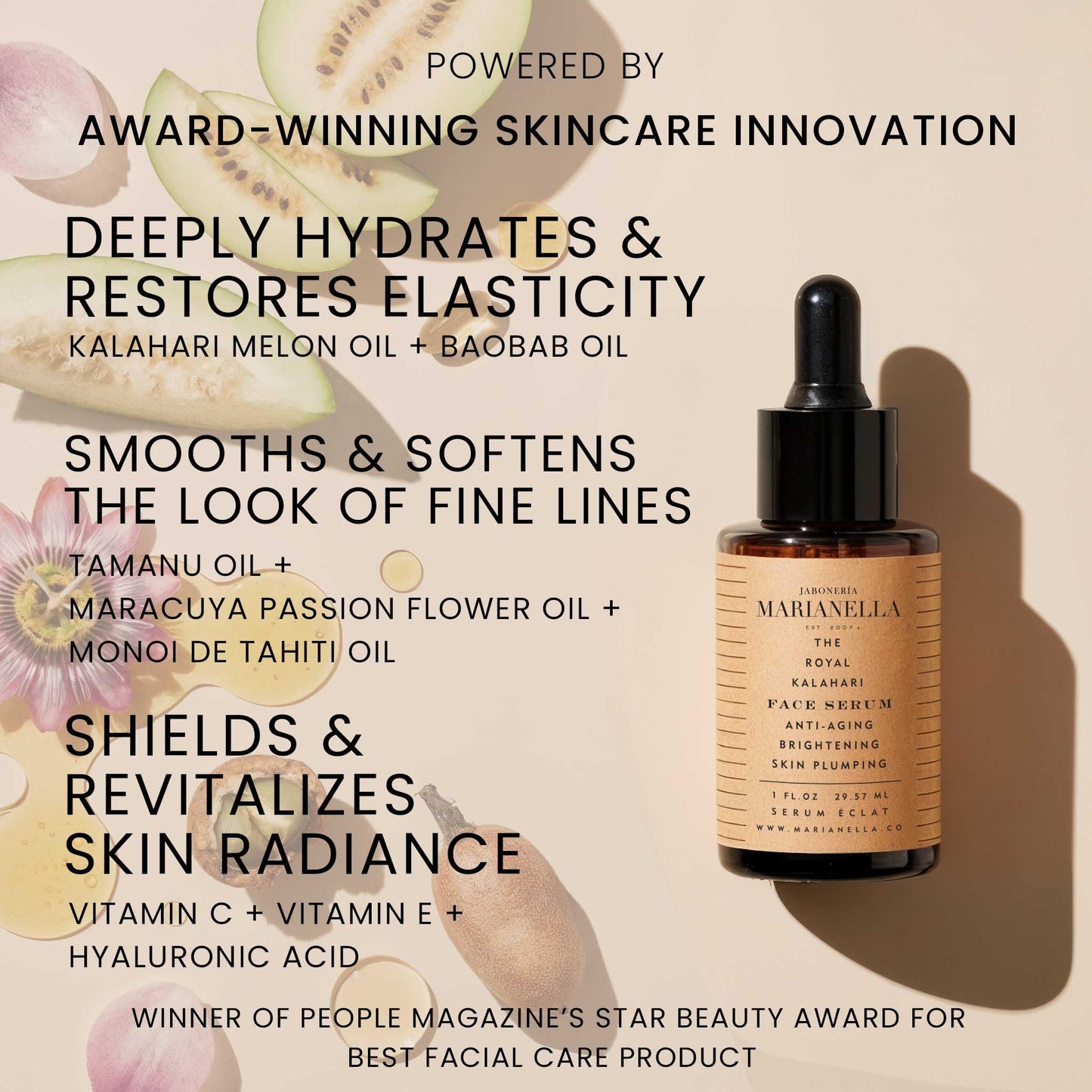 Marianella Anti-Aging Royal Kalahari Face & Eye Serum w/ Pure Hyaluronic Acid, Vitamin C, Vitamin E & Melon Oil, Hydrating & Brightening Facial Care Product for Radiant, Youthful Skin