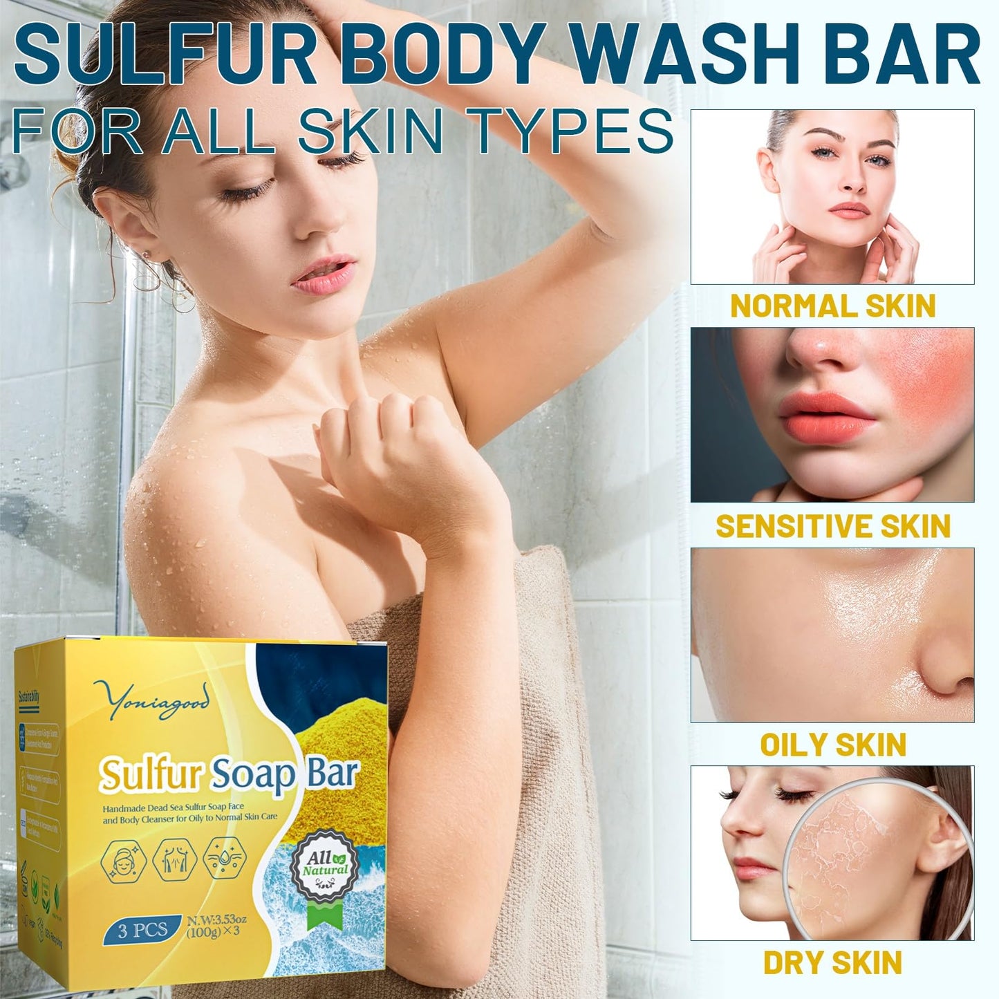yoniagood 3 PCS Sulfur Dead Sea Soap, Natural Sulphur Bar Soap with Dead Sea Salt, Tea Tree Oil, Face & Body Exfoliating & Moisturizing Bar for Men & Women All Skin Types