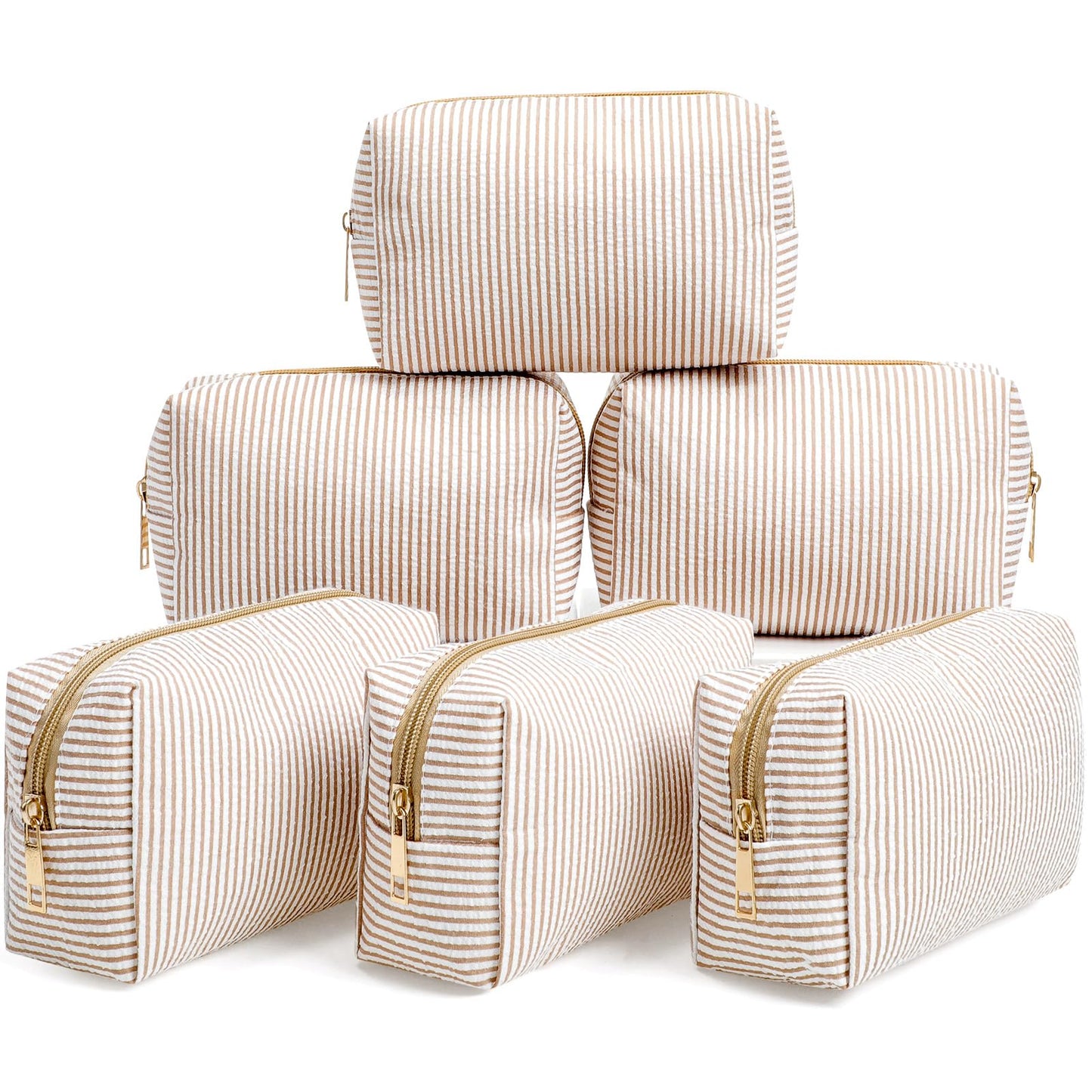 Sanwuta 6 Pcs Seersucker Cosmetic Bags Bulk Seersucker Makeup Bags Stripe Women Pouch Large Preppy Storage Pouch Toiletry Travel for Wedding Bridesmaid Bride Favor Back to Teacher Gift (Khaki)