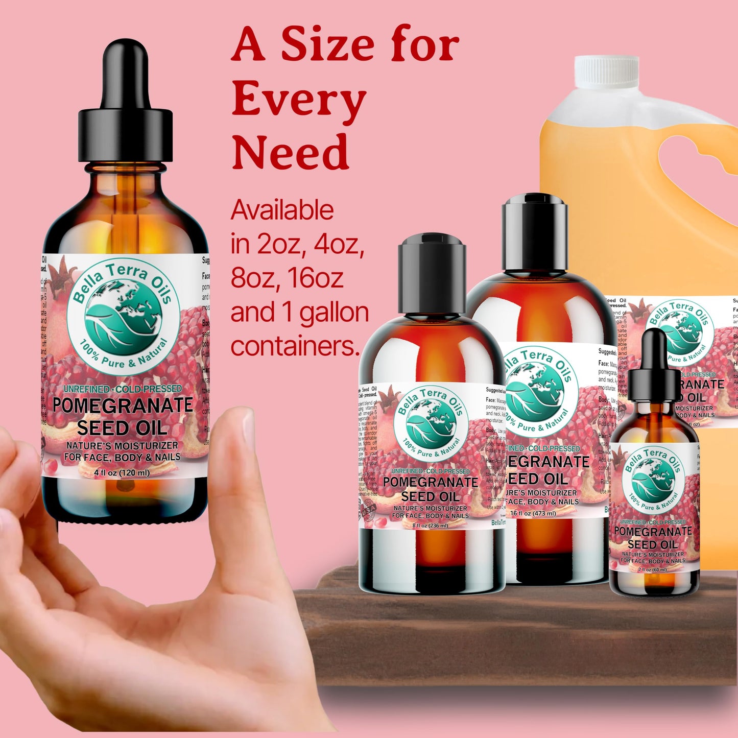 Bella Terra Oils - Organic Pomegranate Seed Oil 4 oz - A Powerhouse of Nutrients & Essential Fatty Acids, Delightfully Cold-Pressed for Pure Skin Nourishment