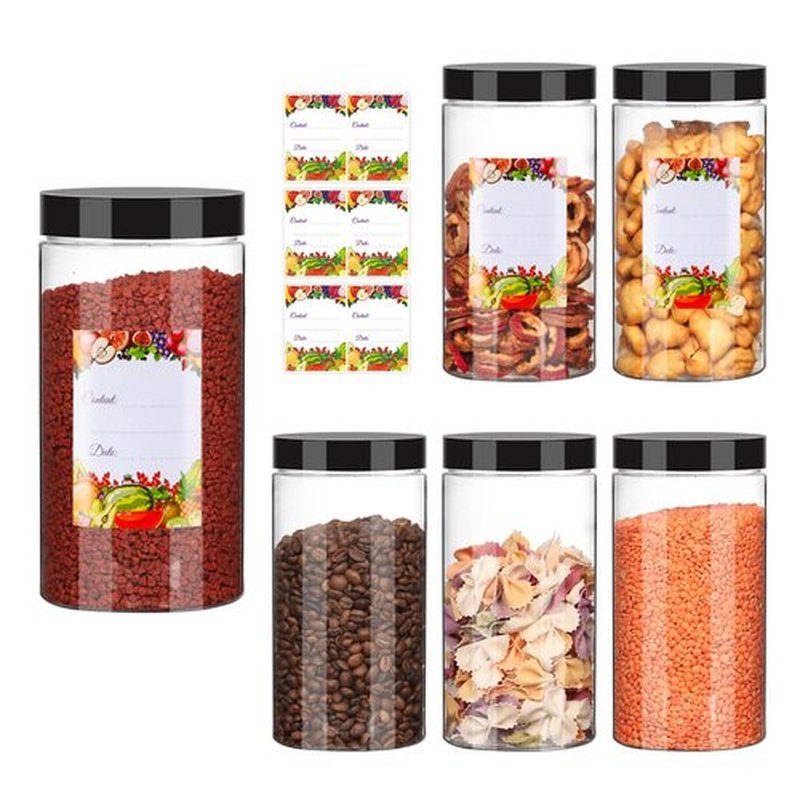 Jaisie.W Plastic Jars with Lids 32 oz 6Pack,Empty Clear Plastic Jars with Lids for Storage, Round Leakproof Containers for Nuts,Cookies,Dried Fruit,Small Snacks(32fl.oz,set of 6)