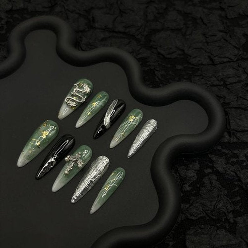 Wsliana Nails Handmade Press On Nail.Emerald Green Press On Nail Long Stiletto Acrylic Fake Nails with Charm 3D Design,Reusable Glue On Nail for Woman,Set of 10pcs Hand-Painted False Nail(009 S)