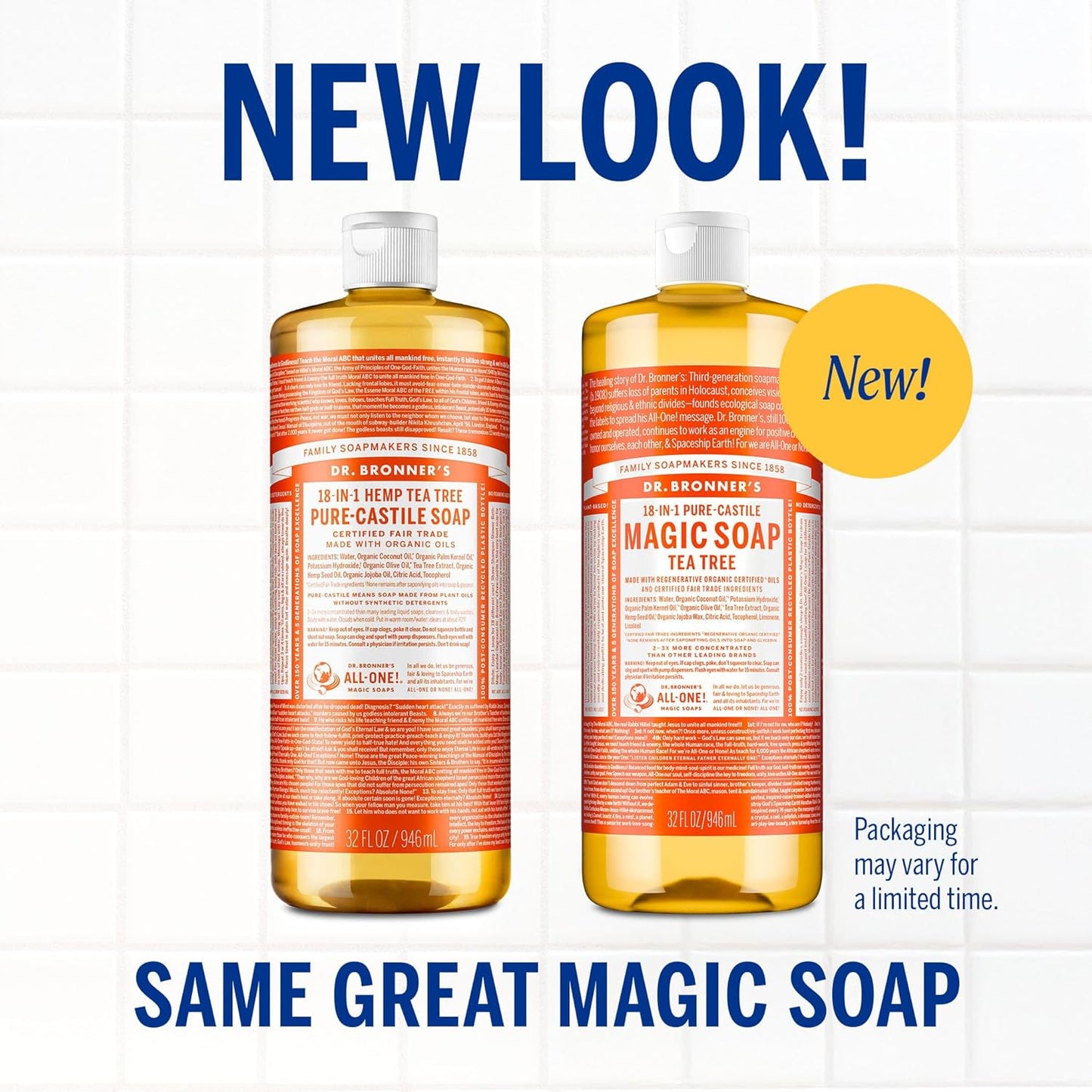 Dr. Bronner's Pure-Castile Magic Soap Liquid (Tea Tree, 16 Ounce, 2-Pack)-Made with Regenerative Organic Certified Oils, 18-in1 Uses: Face, Hair, Hand & Body Soap, Laundry- Concentrated, Vegan