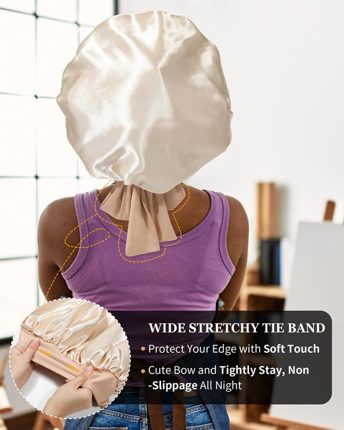 Satin Bonnet for Women Silk Bonnets for Sleeping Curly Hair Bonnet with Elastic Tie Band Reversible Double Layer Sleep Cap Hair Wrap (Brown + Champagne)