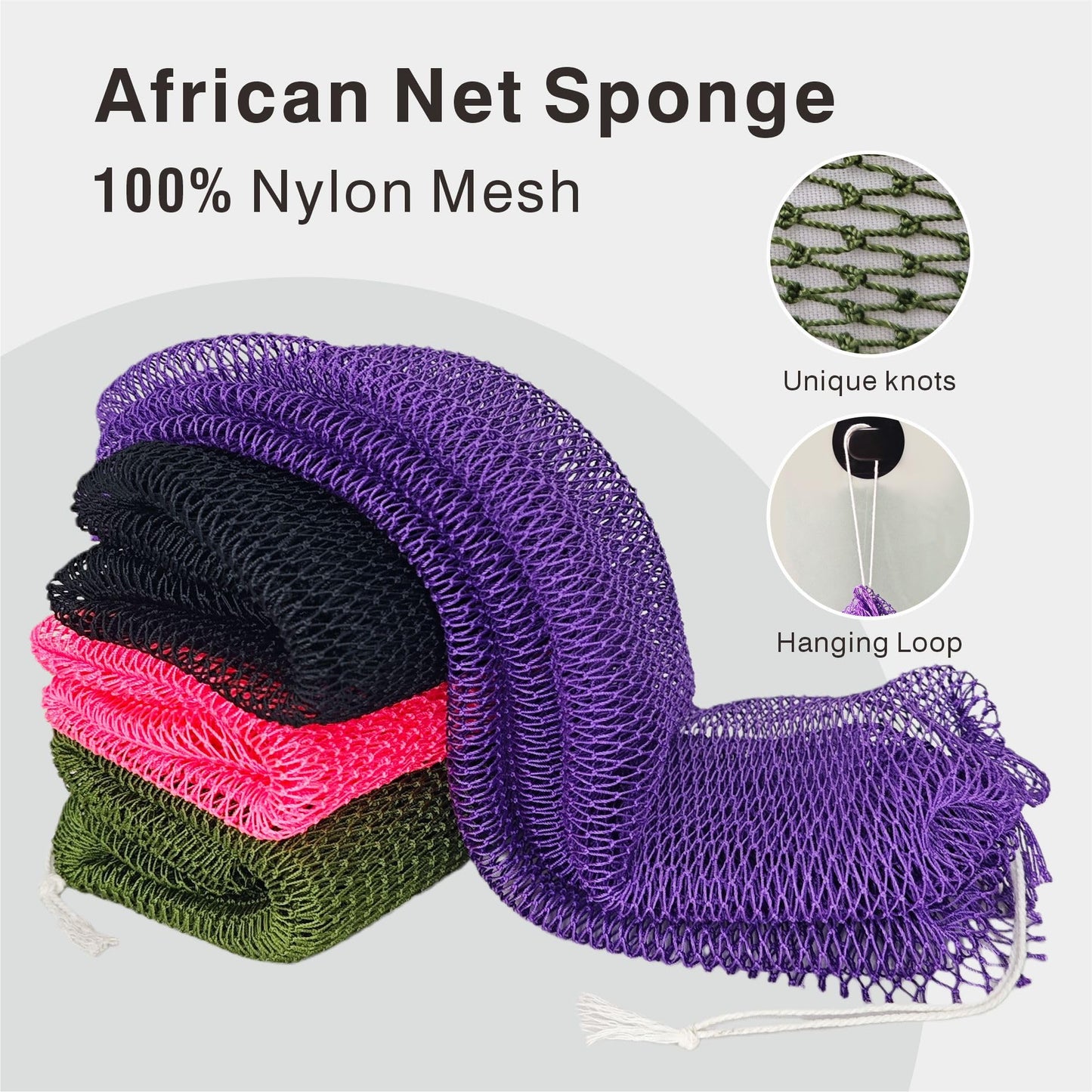 YUSAGO African Net Sponge Authentic,2 Pack Shower Loofah Exfoliating Body Scrubber, Stretchable Bath Sponge for Back Hard-to-Reach Areas, Long-Lasting Exfoliating Washcloth for Women (Black & Green)