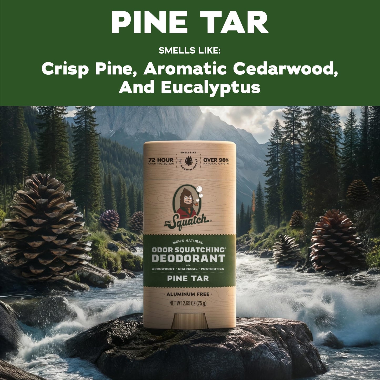 Dr. Squatch Natural Men’s Deodorant – Aluminum Free Natural Deodorant Men with Charcoal & Postbiotics for 72-Hour Odor Protection – Pine Tar, 2.65oz Stick