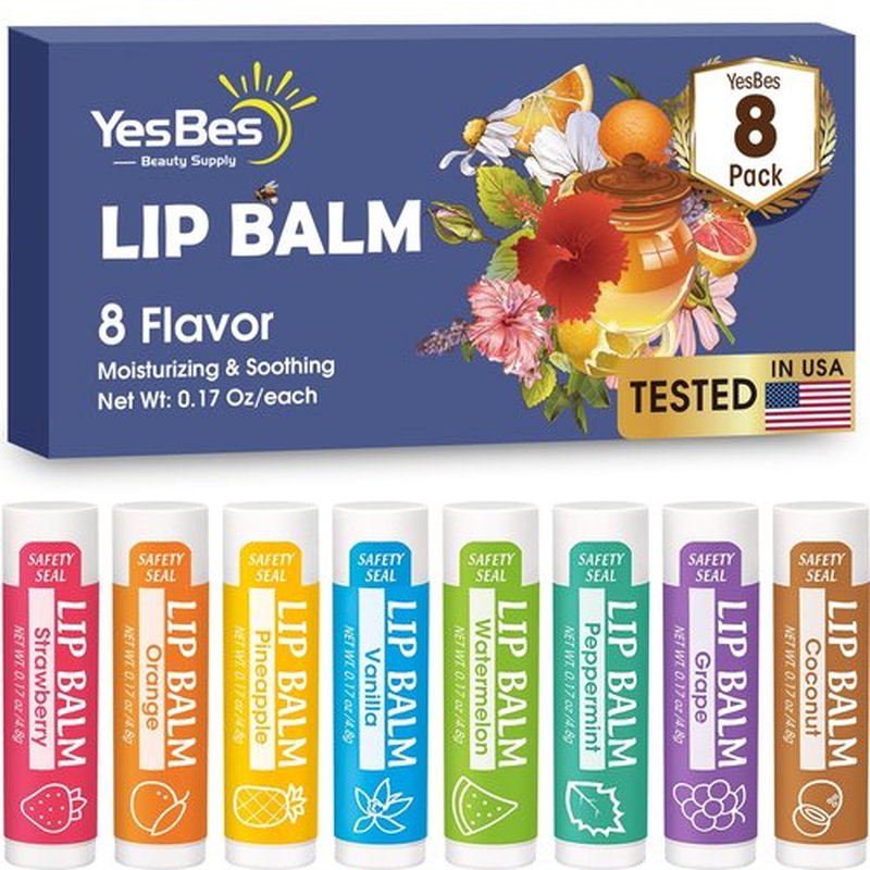 YesBes Lip Balm, 8 Pack Natural Bulk with Vitamin E & Coconut Oil, Moisturizing Dry Cracked Lips Protection, 8 Flavors - Stocking Stuffers