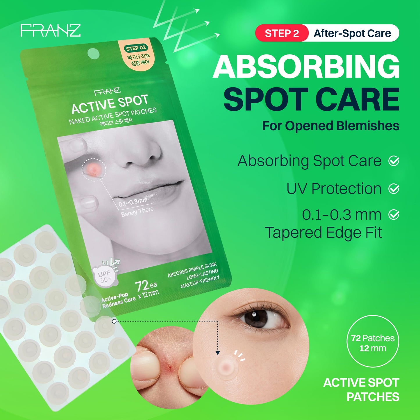 FRANZ Naked Active Spot Patches (72 Count) | Hydrocolloid Pimple Treatment Patch | UPF 50+ Powerful Sun Shield Cover | Gentle on Sensitive Skin