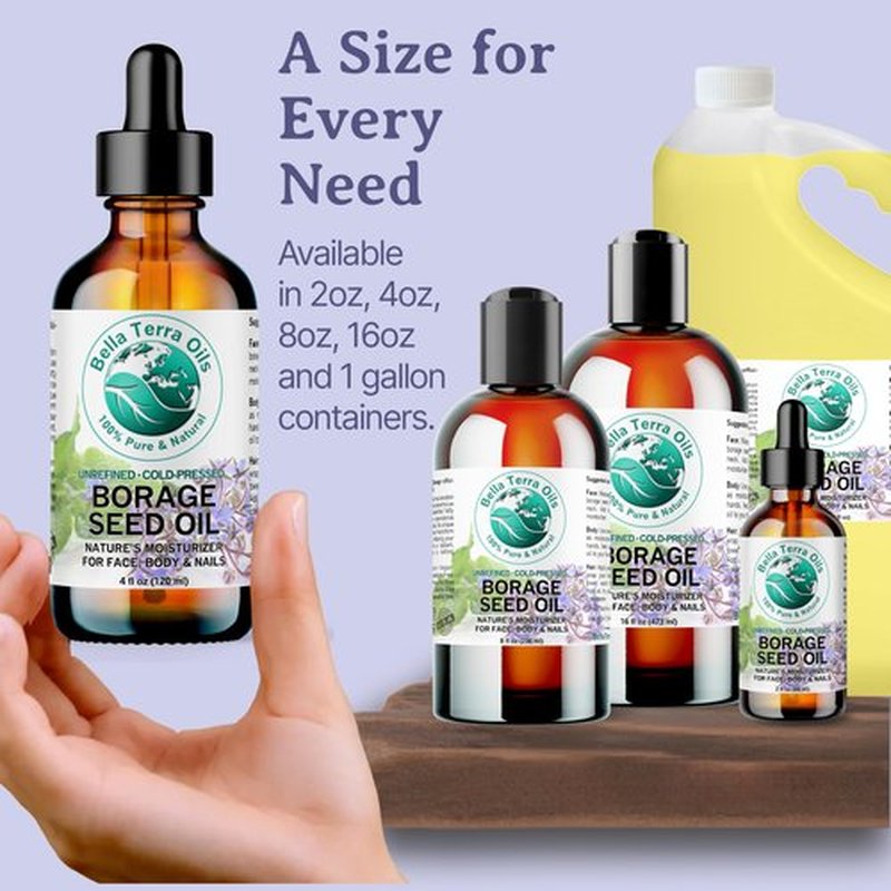 Bella Terra Oils Premium Borage Seed Oil with High GLA – 1 gallon, Luxurious Skin Radiance, Quick Absorption, Nourishing