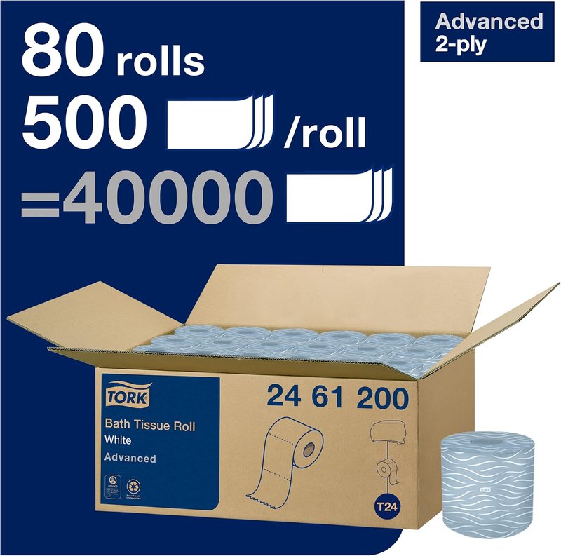 Tork Advanced Toilet Paper Roll - 2-Ply Soft Tissue, 80 Rolls | Compatible with T24 Dispensers, White, 500 Sheets