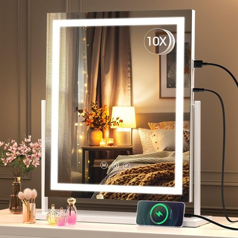 Hasipu Vanity Mirror with Lights, 14" x 18" LED Makeup Mirror, Lightup Mirror with Smart Touch 3 Color Modes and Brightness Adjustment, 10X Magnifying Glass,360° Rotation