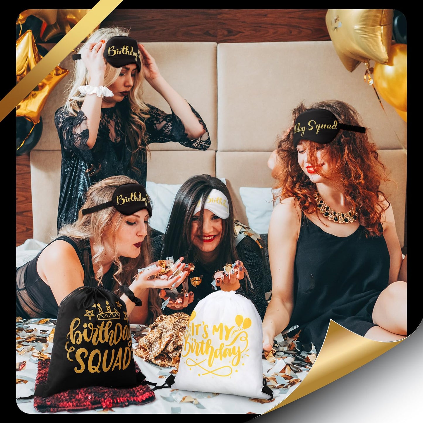 Bunnycool 18 Pcs Birthday Squad Party Favors with 6 Squad Drawstring Bag 6 Satin Eye Mask Satin 6 Hair Scrunchies Spa Birthday Party Favor for Queen Women 20th 30th 40th 50th 60th Decoration(Black)