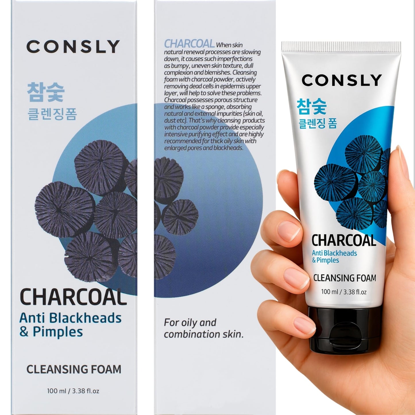 CONSLY Charcoal Face Wash – Pore Cleanser for Oily & Combination Skin, Helps Reduce Blackhead Appearance, Oil Control, Gentle Exfoliating Foam, Korean Skincare 100ml