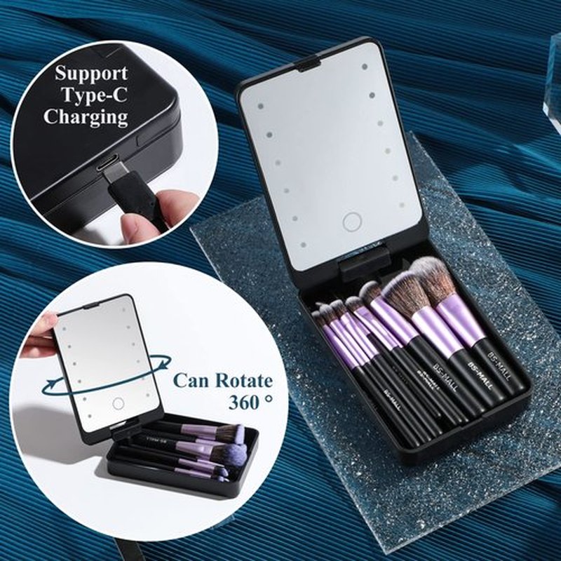 BS-MALL Travel Makeup Brush Set Foundation Powder Concealers Eye Shadows Makeup Set with LED light Mirror 14 Pcs (Purple)