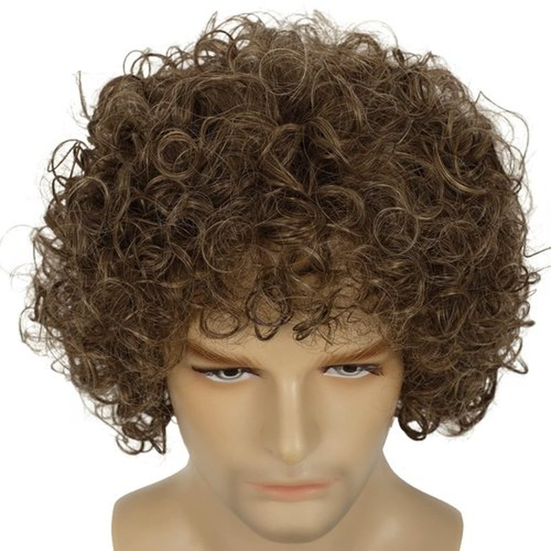 Dai Cloud Mens Light Brown Curly Wig Short Fluffy Brown Rocker Wigs Synthetic Halloween Cosplay Costume Hair Wigs For Male Guys (Light Brwon)