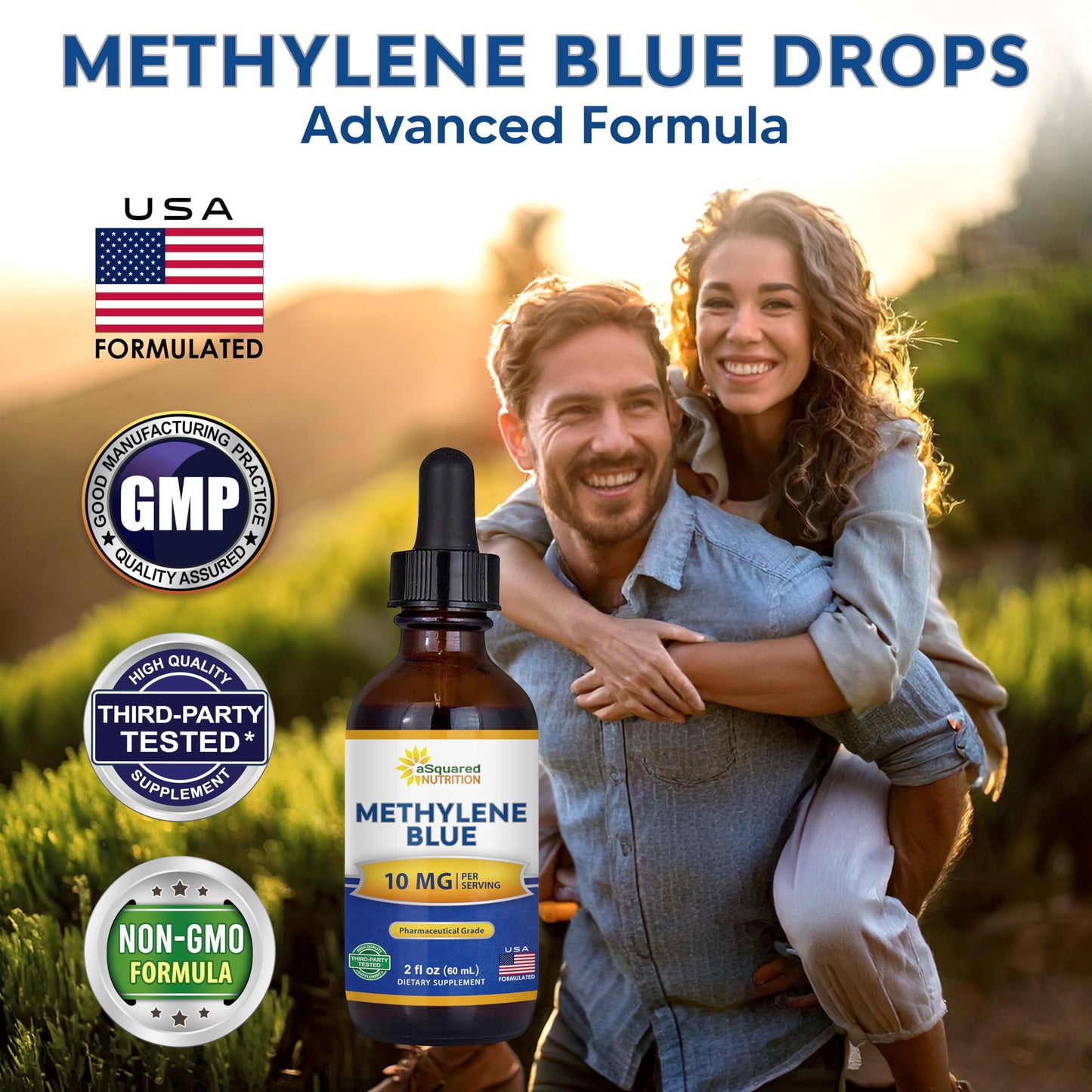aSquared Nutrition Methylene Blue Drops - 1% Pharmaceutical Grade Liquid Supplement for Humans - 10mg USP Grade w/Vitamin C - No Formaldehyde - Brain & Energy Alternative to Capsules (2 fl oz)
