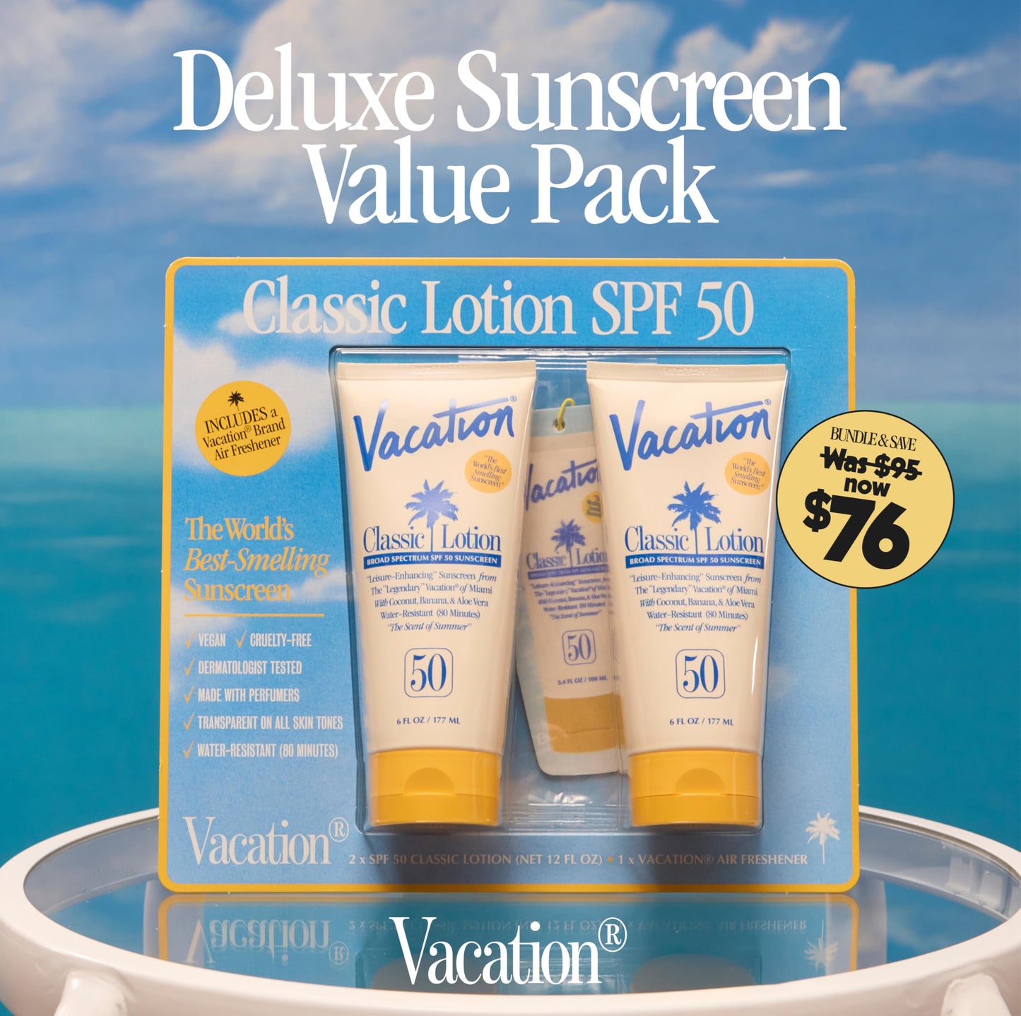 Vacation Classic SPF 50 Sunscreen Lotion and Air Freshener Bundle, 6 Fluid Ounces, Pack of 2 - Invisible, No White Cast, Water-Resistant, Dermatologist-Tested, Vegan