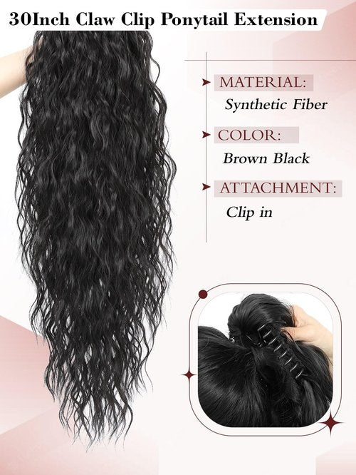 Molefi Ponytail Extension,30Inch Brown Black Fake Ponytail Hair Extensions Long Curly Ponytail Hairpiece for Women Claw Clip in Ponytail for Daily Use