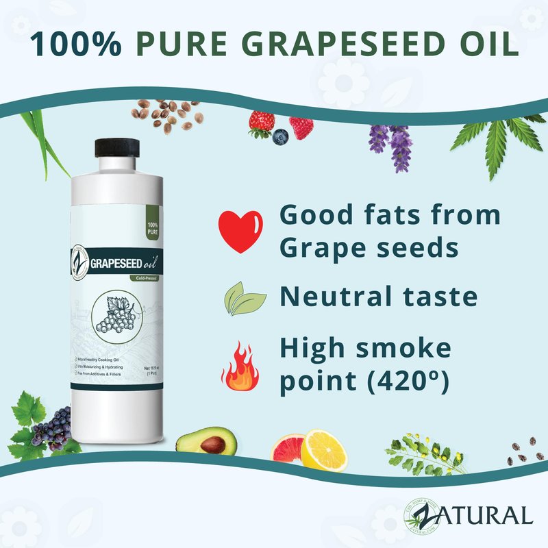 Zatural 100% Pure Cold Pressed Grapeseed Oil – Naturally Grown Virgin, High Smoke Point 450°F+, Non-GMO, Perfect for Cooking Frying Baking, Dressings Marinades & Skincare Hair (16 Fl oz)
